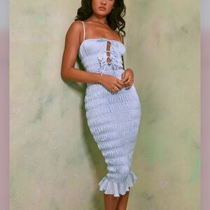 Oh Polly Cream Ribbed Ruffled Midi Skirt